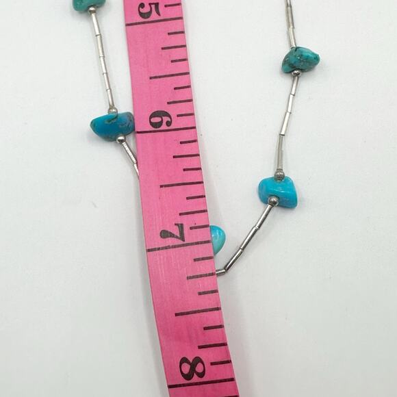 Southwestern Liquid Silver Choker Turquoise Chunky Stone Necklace 15.5" long - Picture 4 of 11